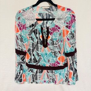Anthropologie Ella Moss Top Small Peasant Colorful Blouse Blue Shirt V Neck $118